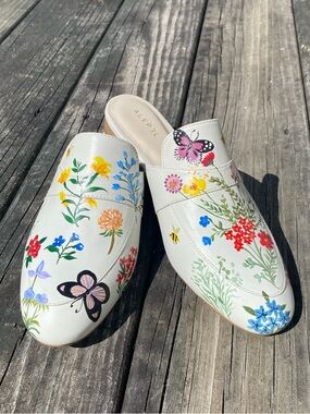 Alepel White Genuine Nappa Leather Floral & Butterfly Slip-On Mules